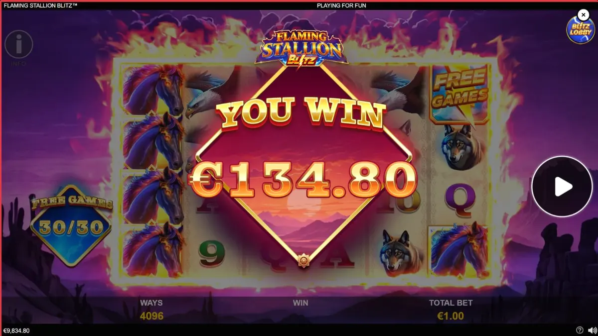 Flaming Stallion Blitz slot game desert theme with blue stallion